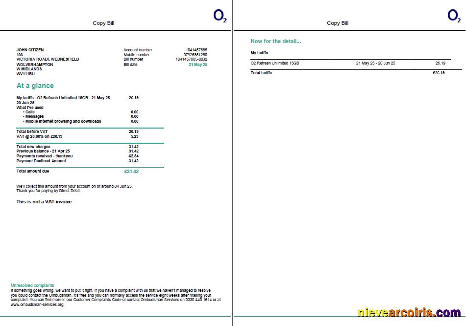 USA O2 utility bill, 2 pages, version 2